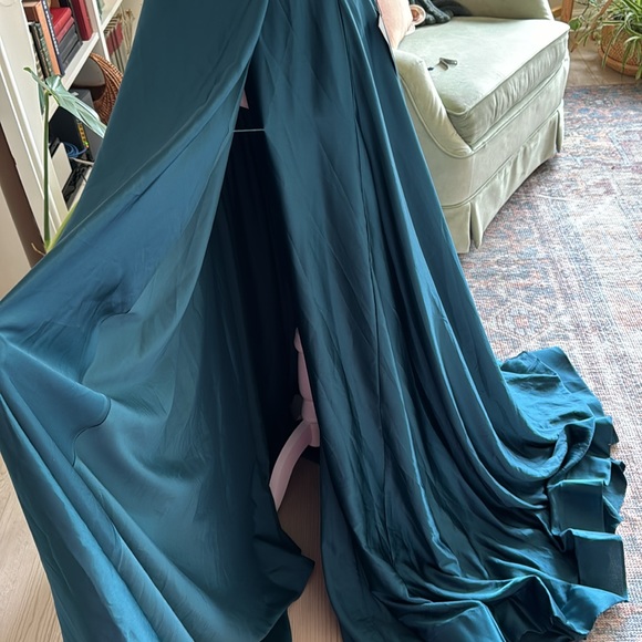 LA FEMME 28571 Teal Satin A-line Dress Open Back - Picture 6 of 10
